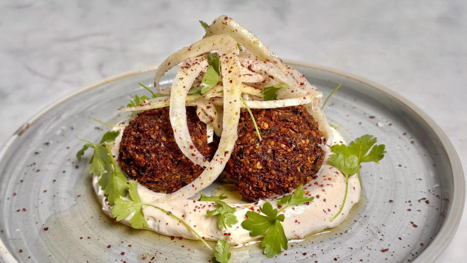 Plain and laverbread falafel with sumac fennel and lemon tahini