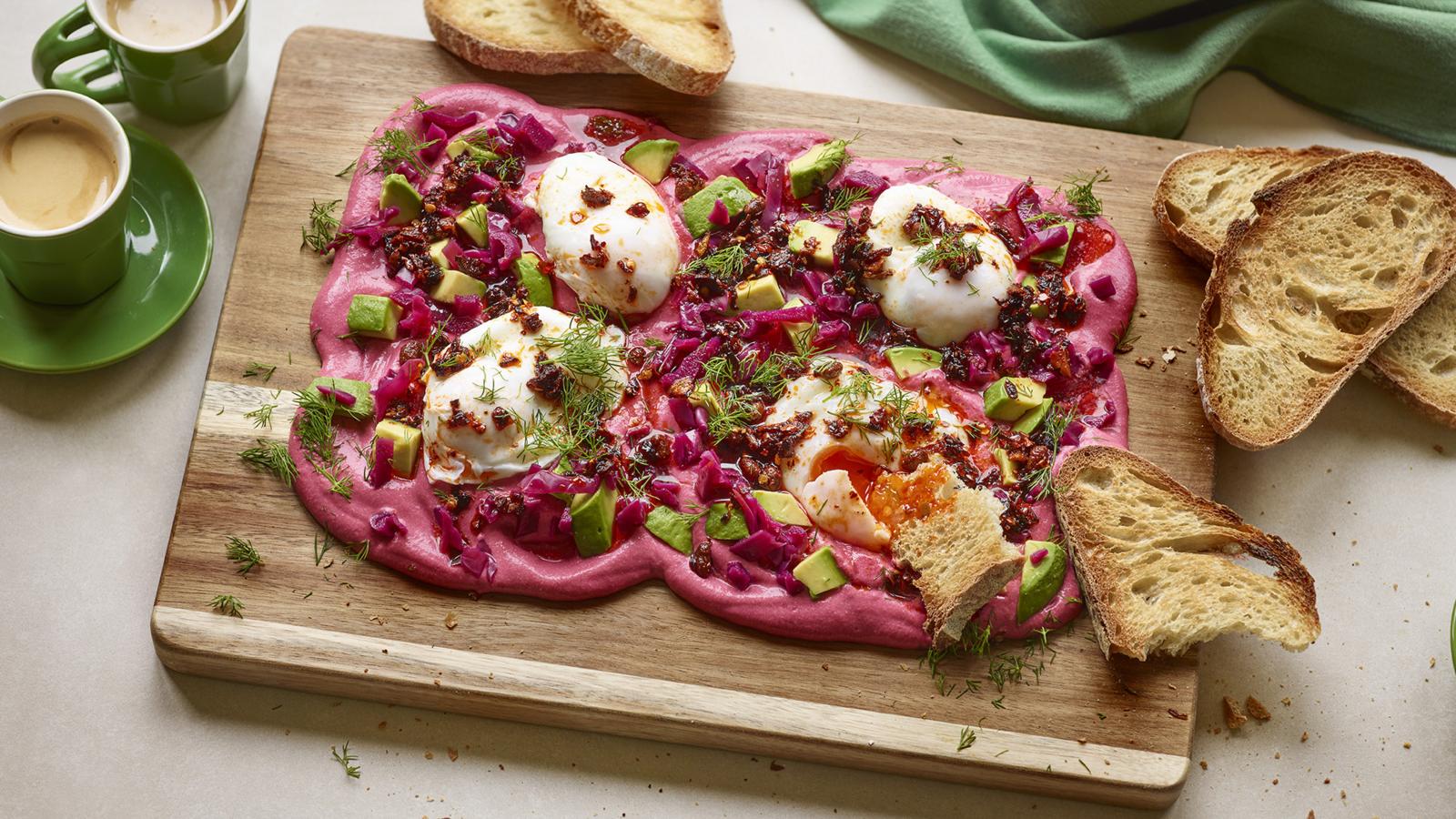 Poached egg and bright beet breakfast board