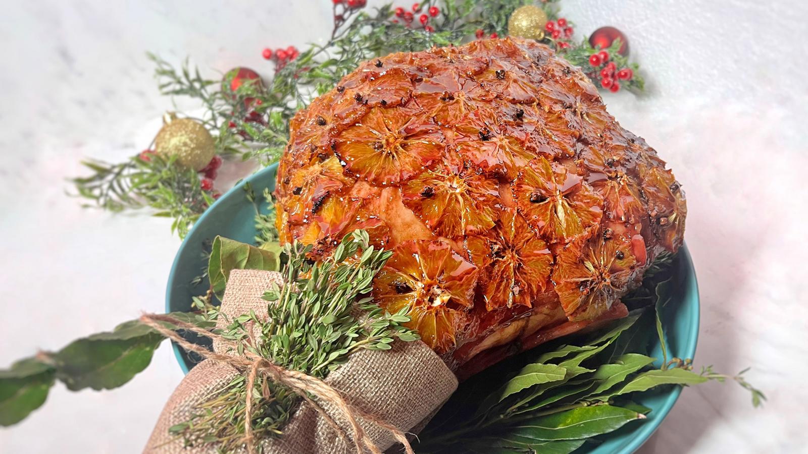 Spiced pomegranate and orange glazed ham