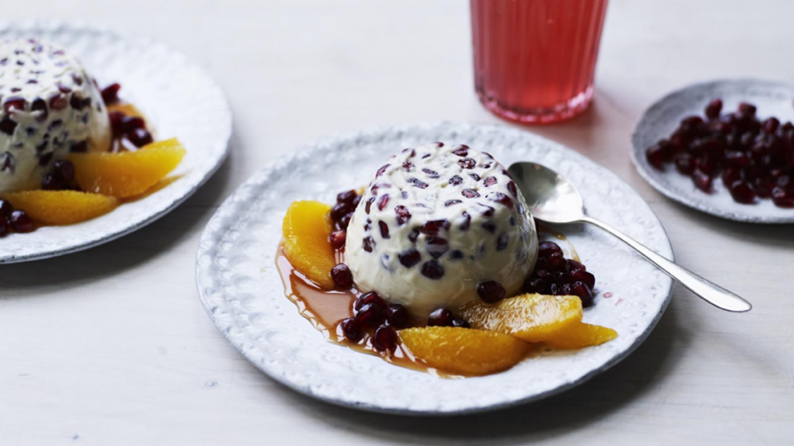 Pomegranate panna cotta with pomegranate and orange caramel