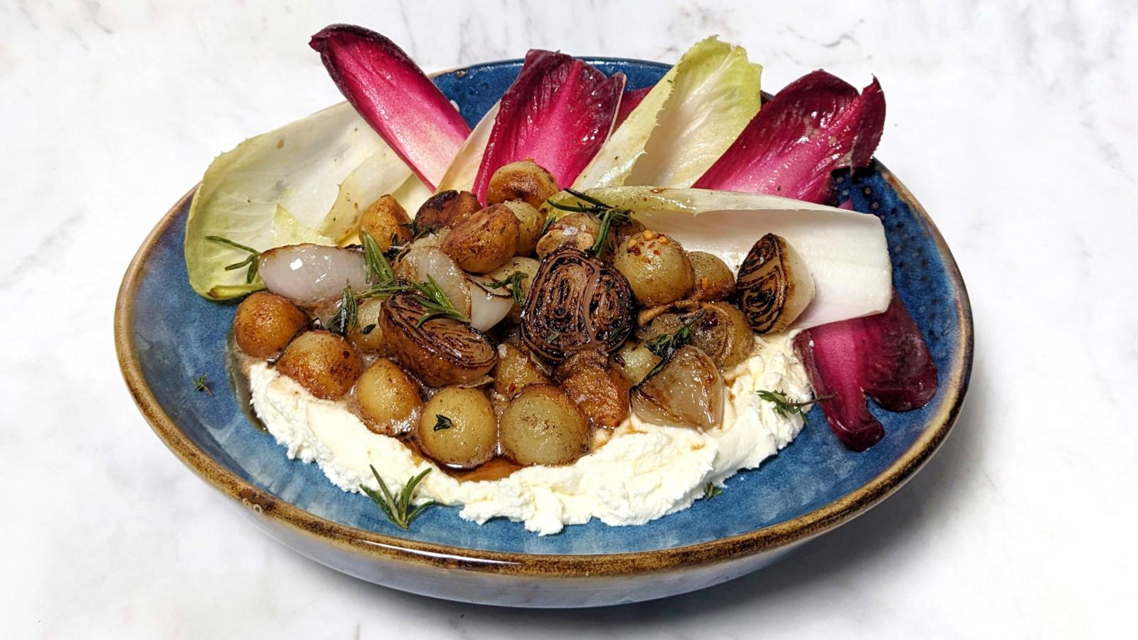 Pommes noisettes, whipped goats' cheese and chicory salad