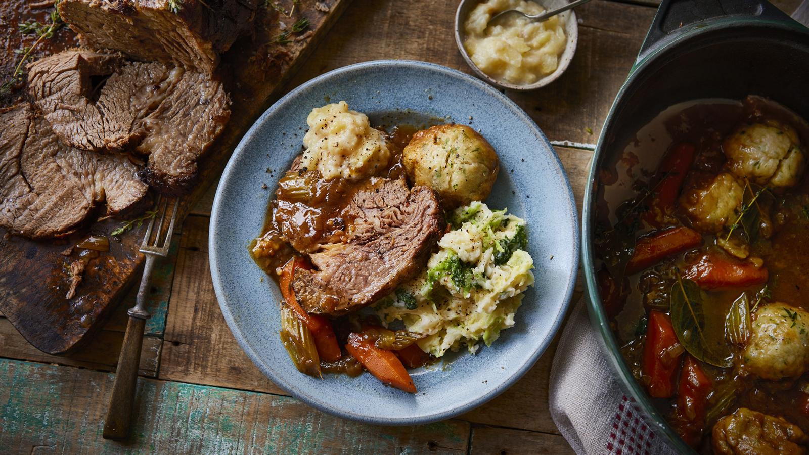 Pot roast brisket with dumplings, colcannon and horseradish sauce