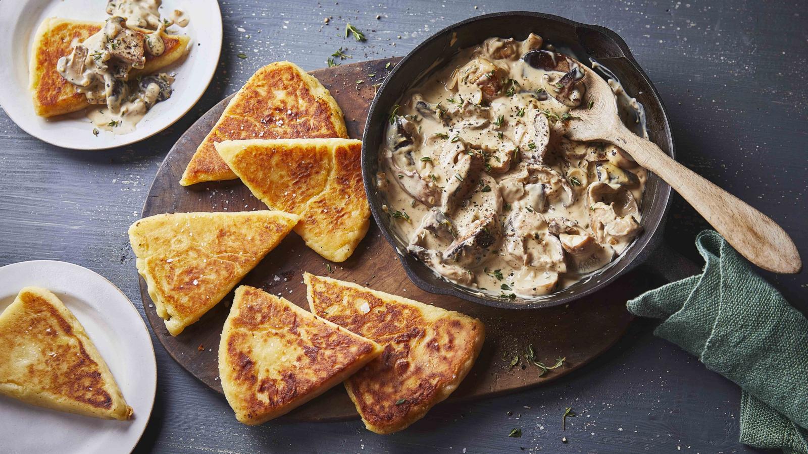 Potato bread with wild mushroom cream sauce