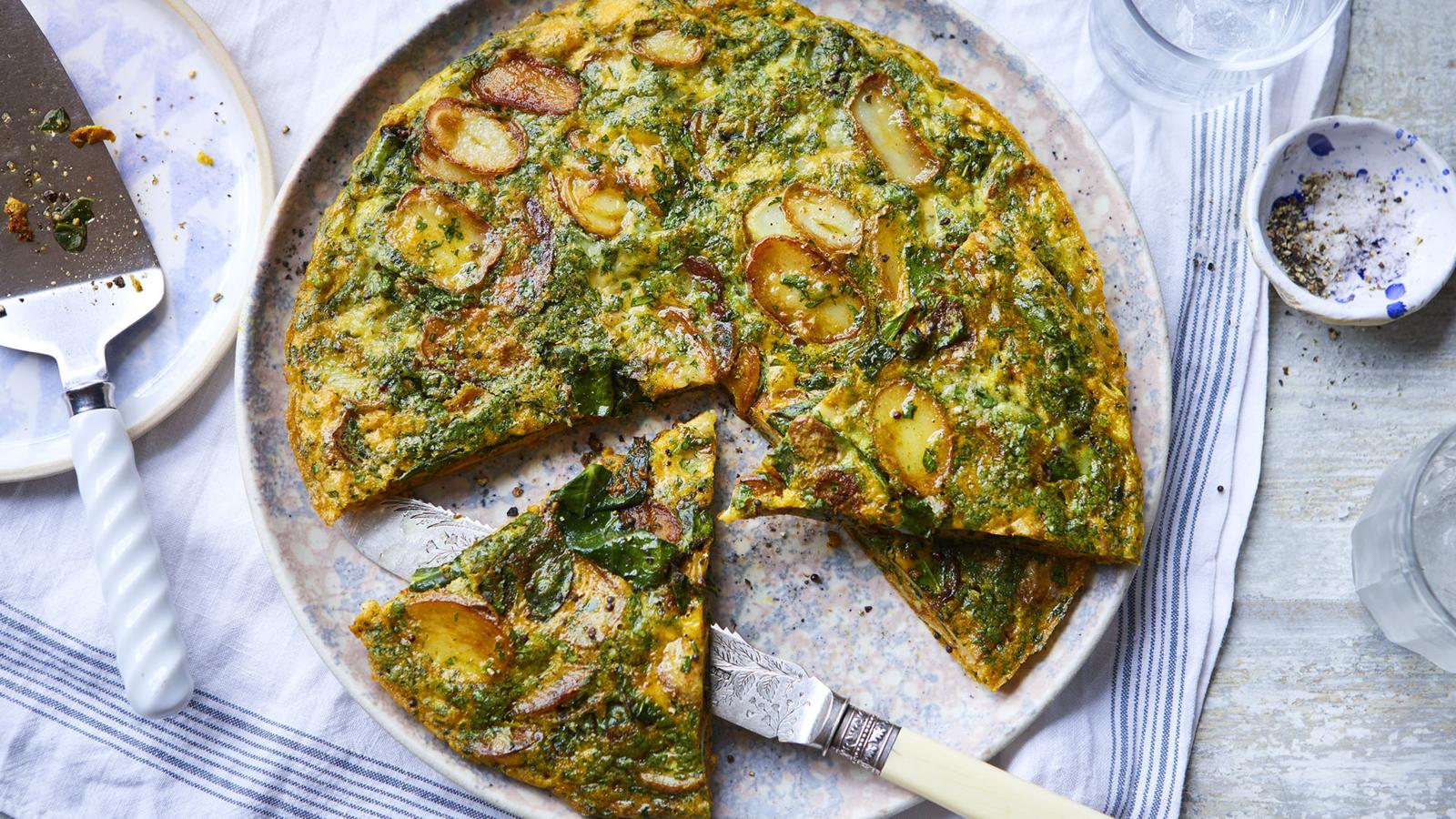 Curried potato, greens and cheese frittata 