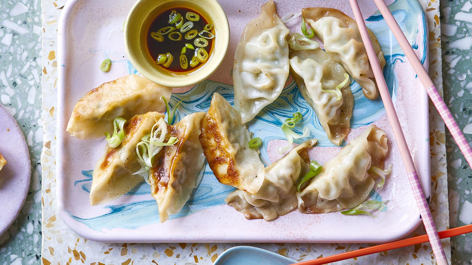 Potsticker dumplings with dipping sauce