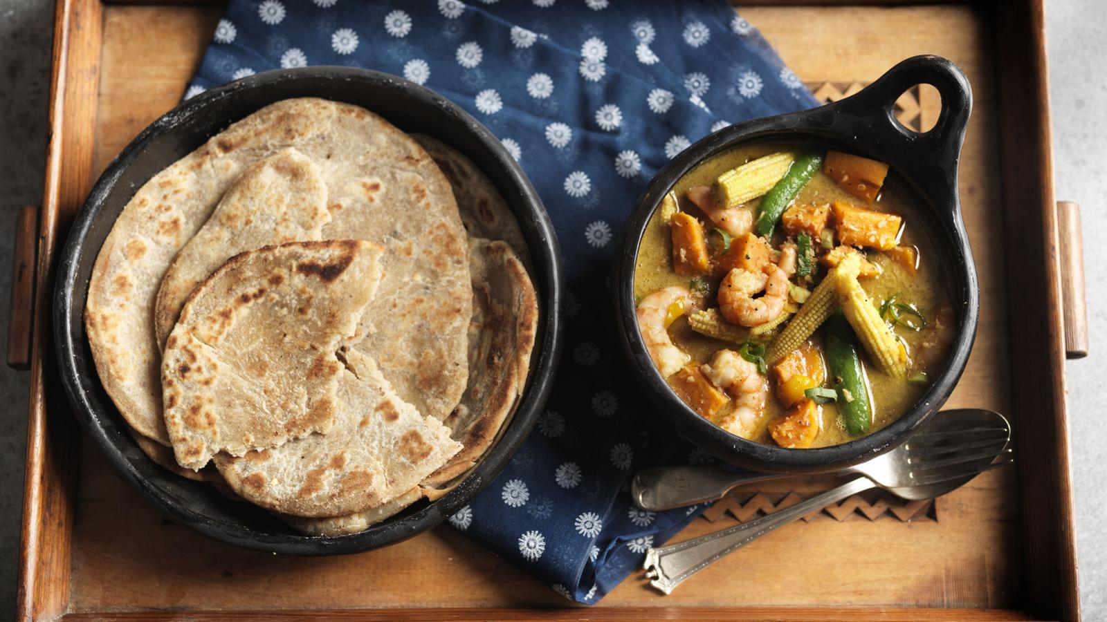 Prawn, sweet potato and lime curry with chilli and black pepper roti bread