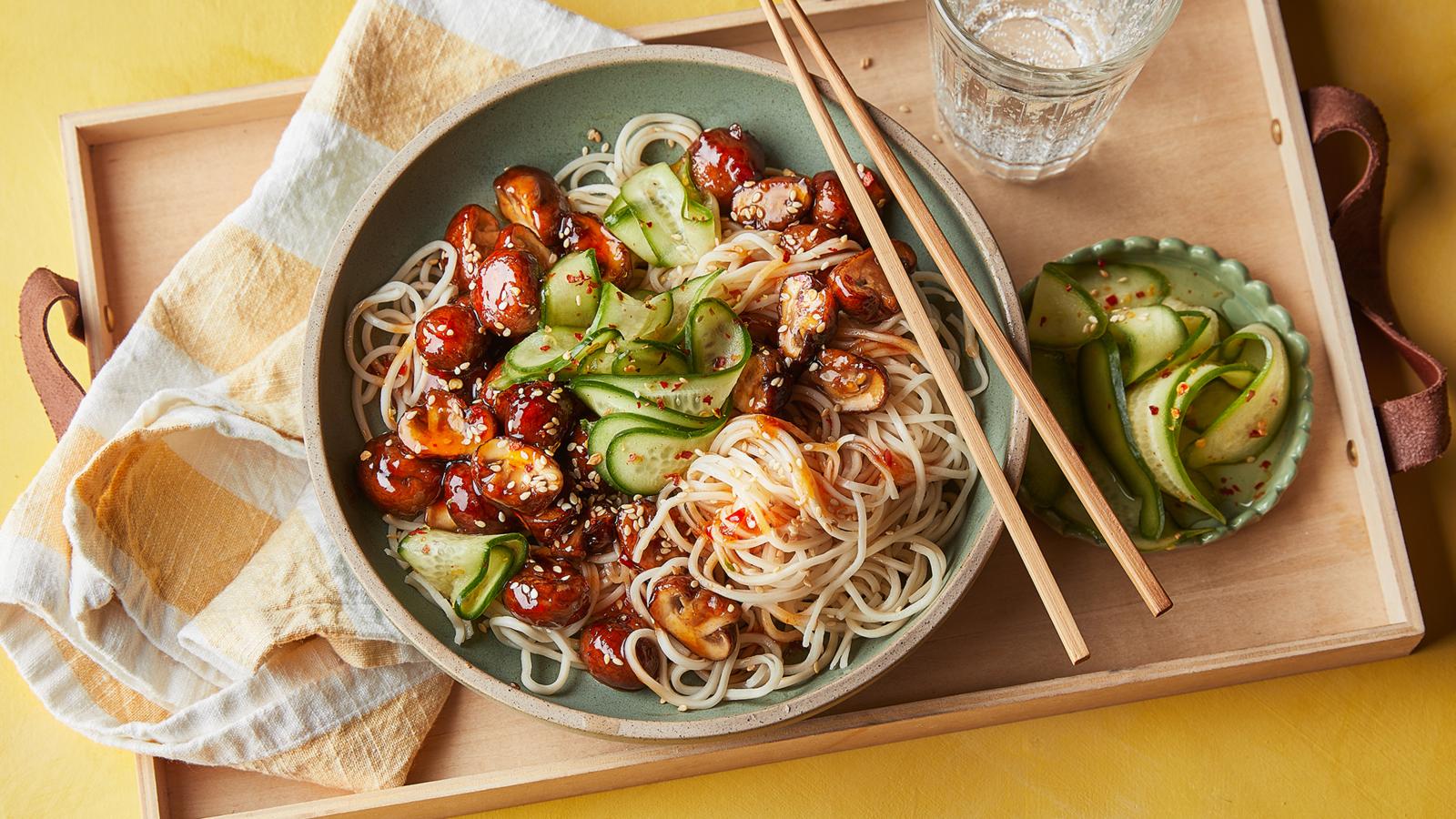 Ramen noodles with sticky soy mushrooms