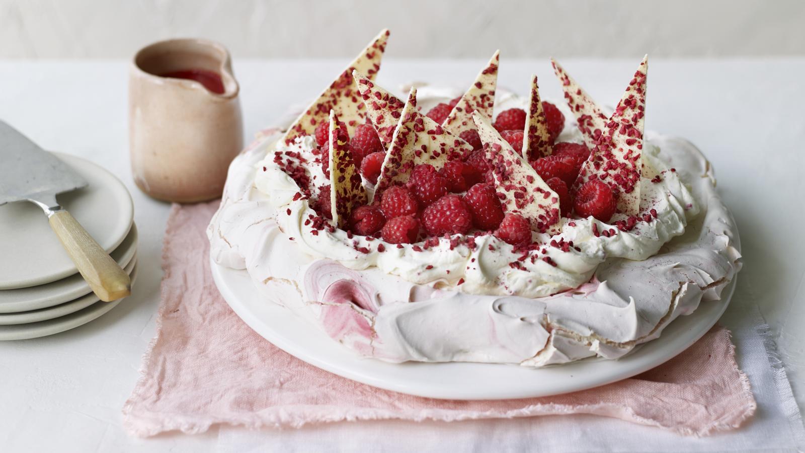 Raspberry and white chocolate pavlova