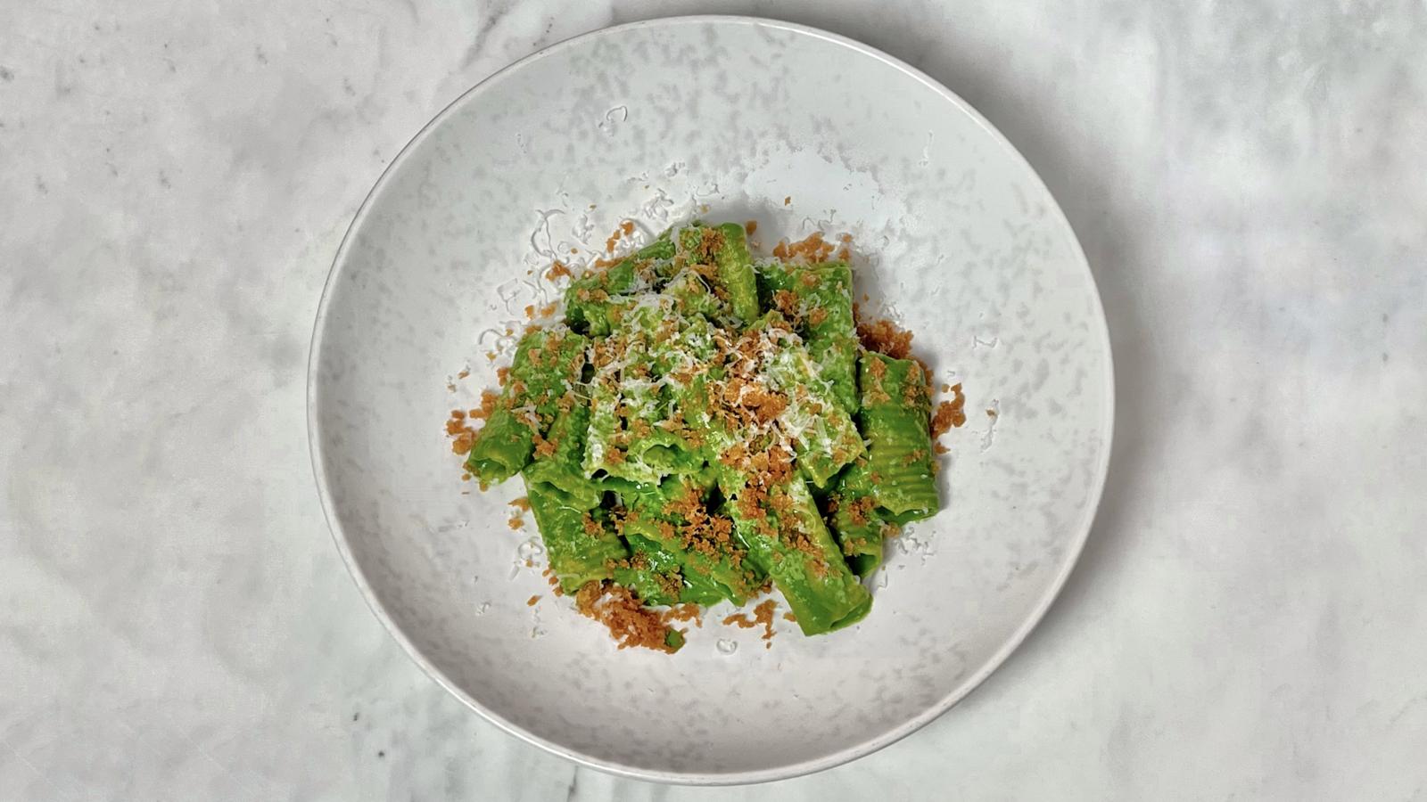 Rigatoni with spinach, pecorino and anchovy sauce