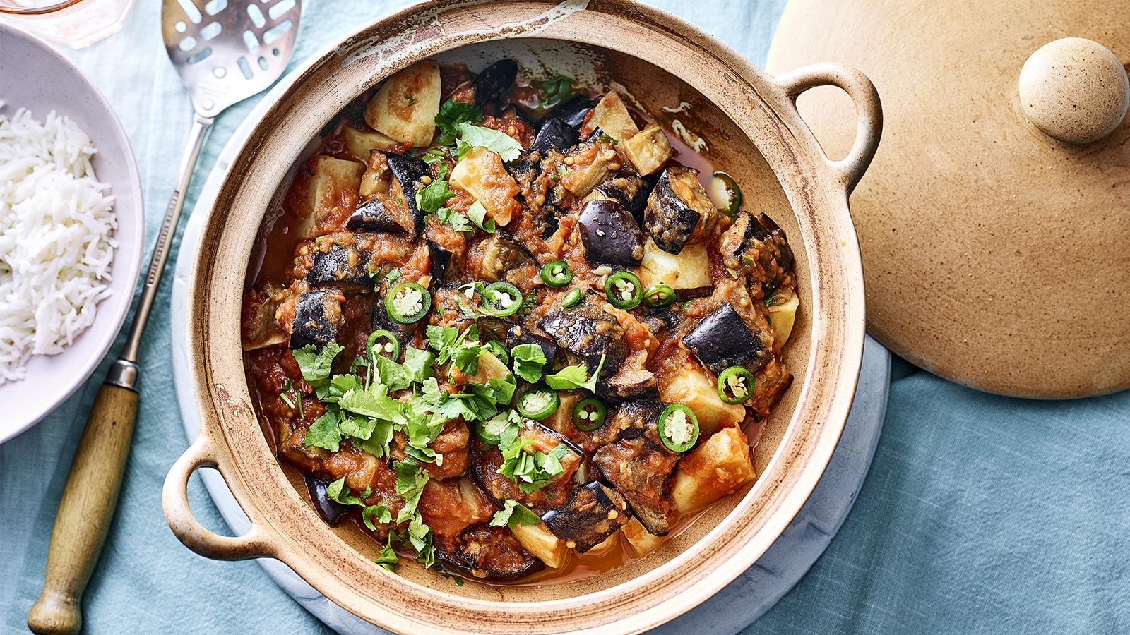 Roast aubergine and potato curry