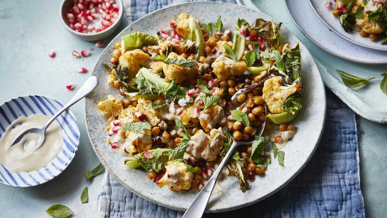 Air fryer cauliflower and chickpeas with tahini dressing 