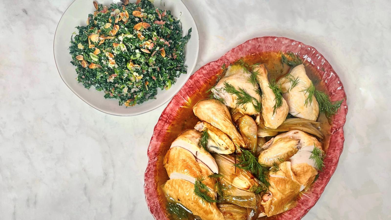 Roast chicken with beer butter shallots and kale salad