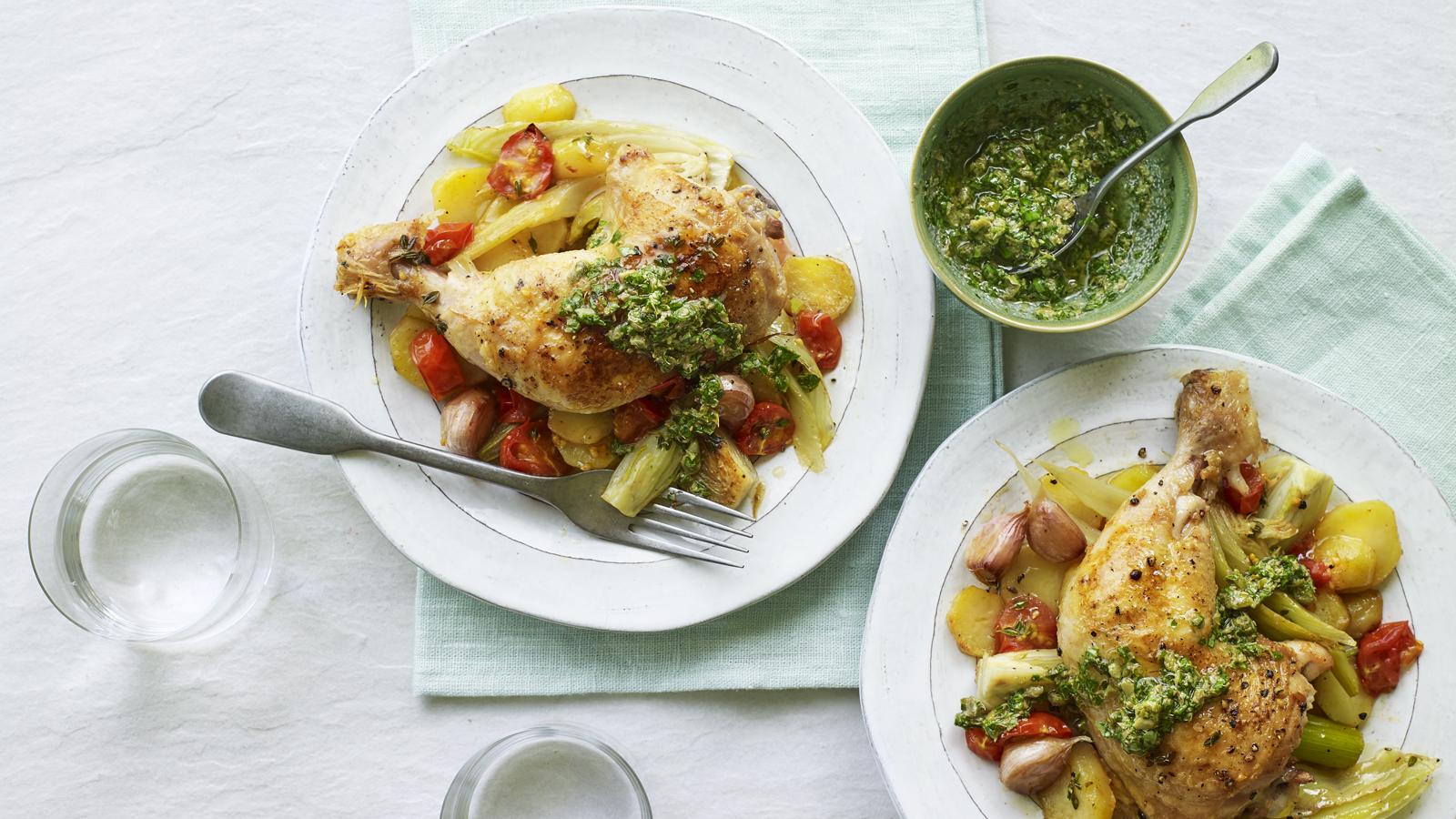 Roast chicken legs with potatoes, fennel and tomatoes
