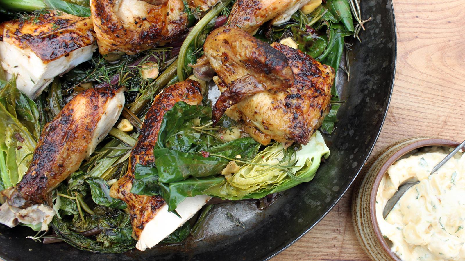 Roast chicken, smoked garlic mayo and charred garden greens