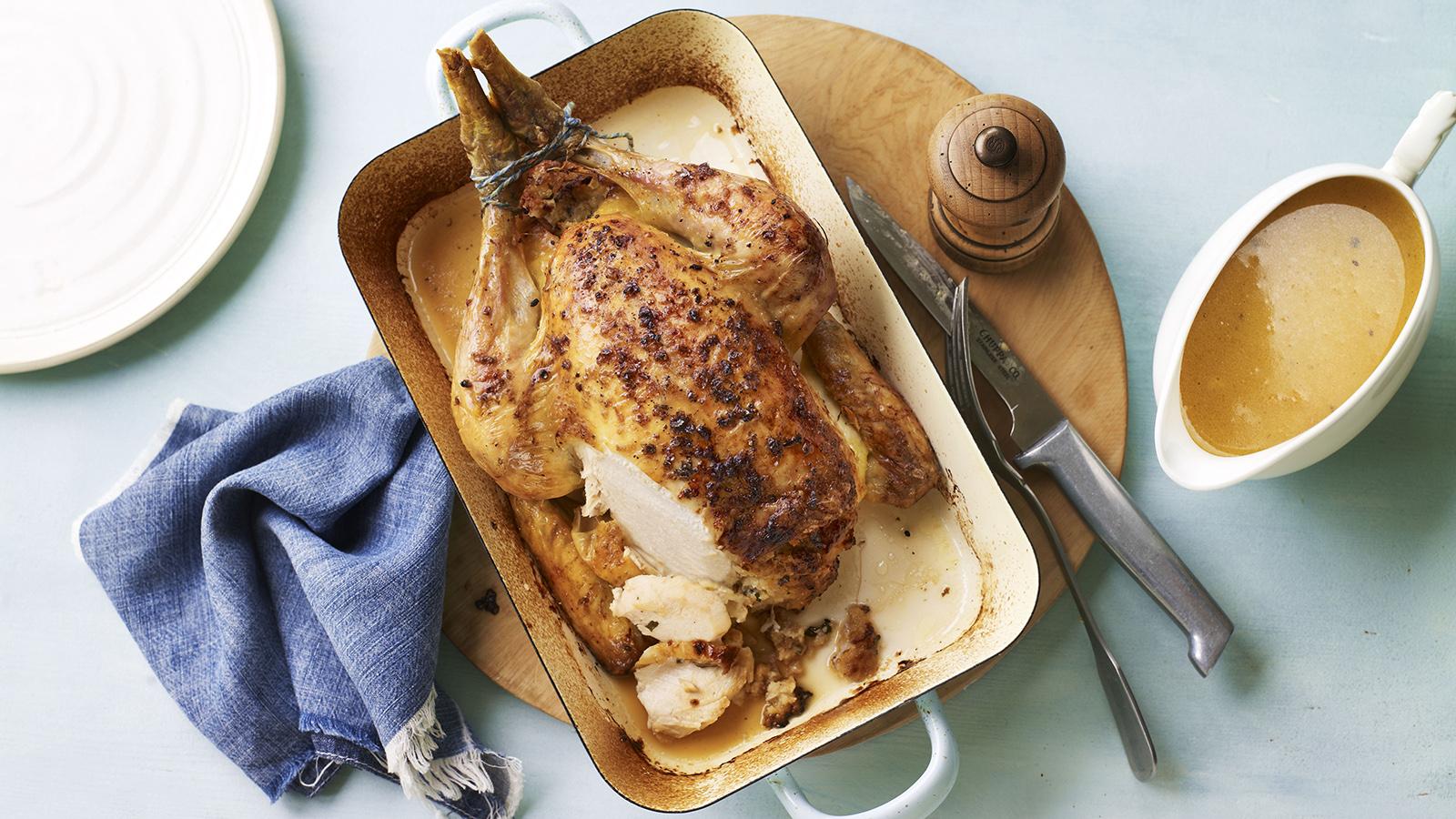 Roast chicken with sage and onion stuffing.