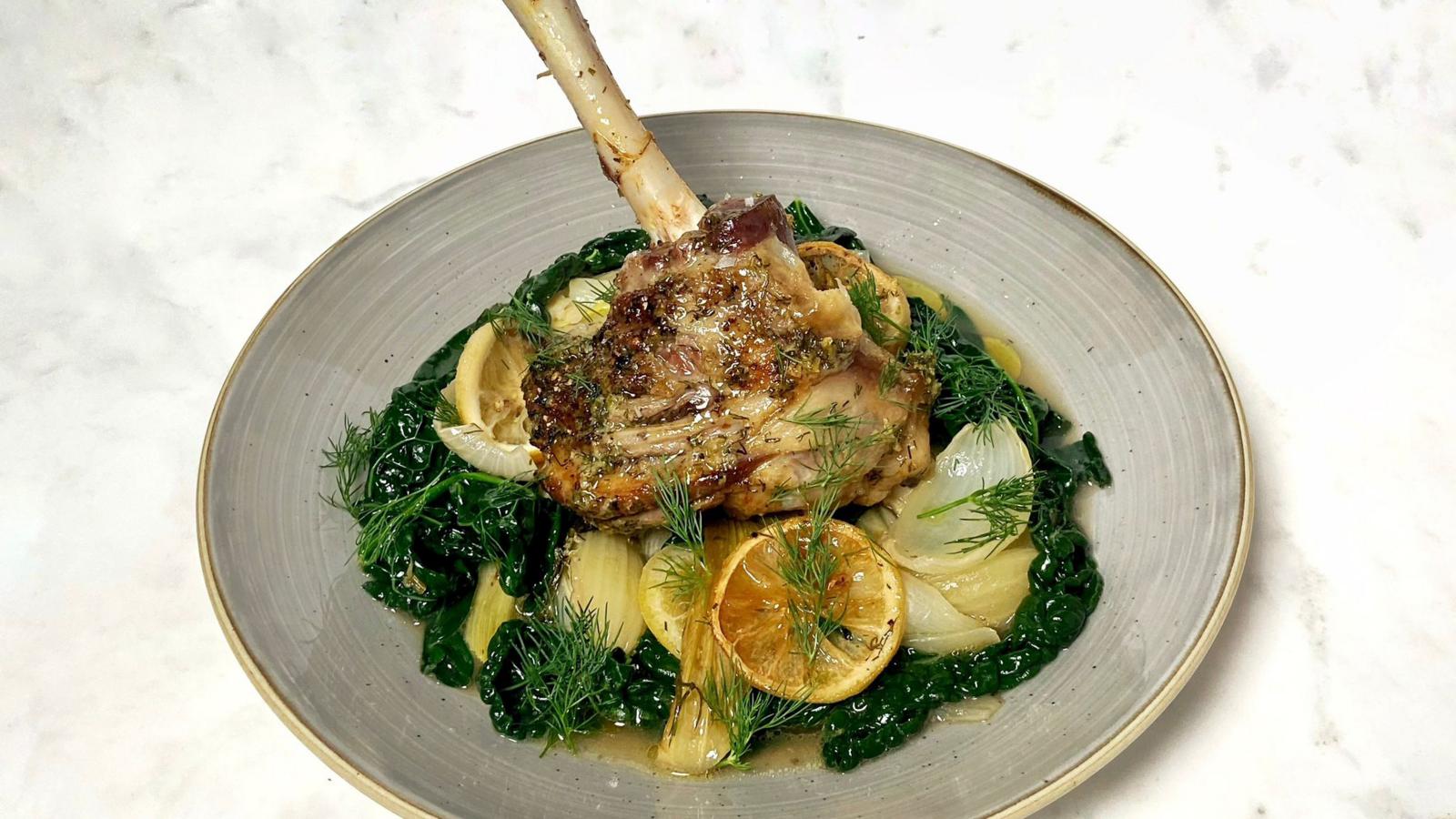 Roast lamb shank with lemon, dill and fennel