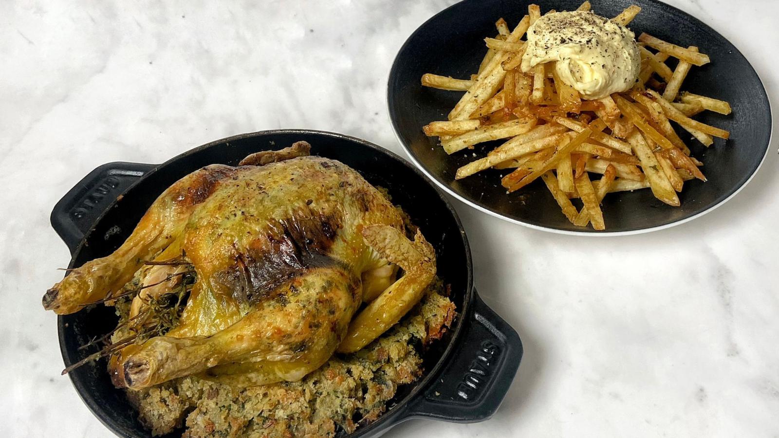 Roast poussin with aoili and fries