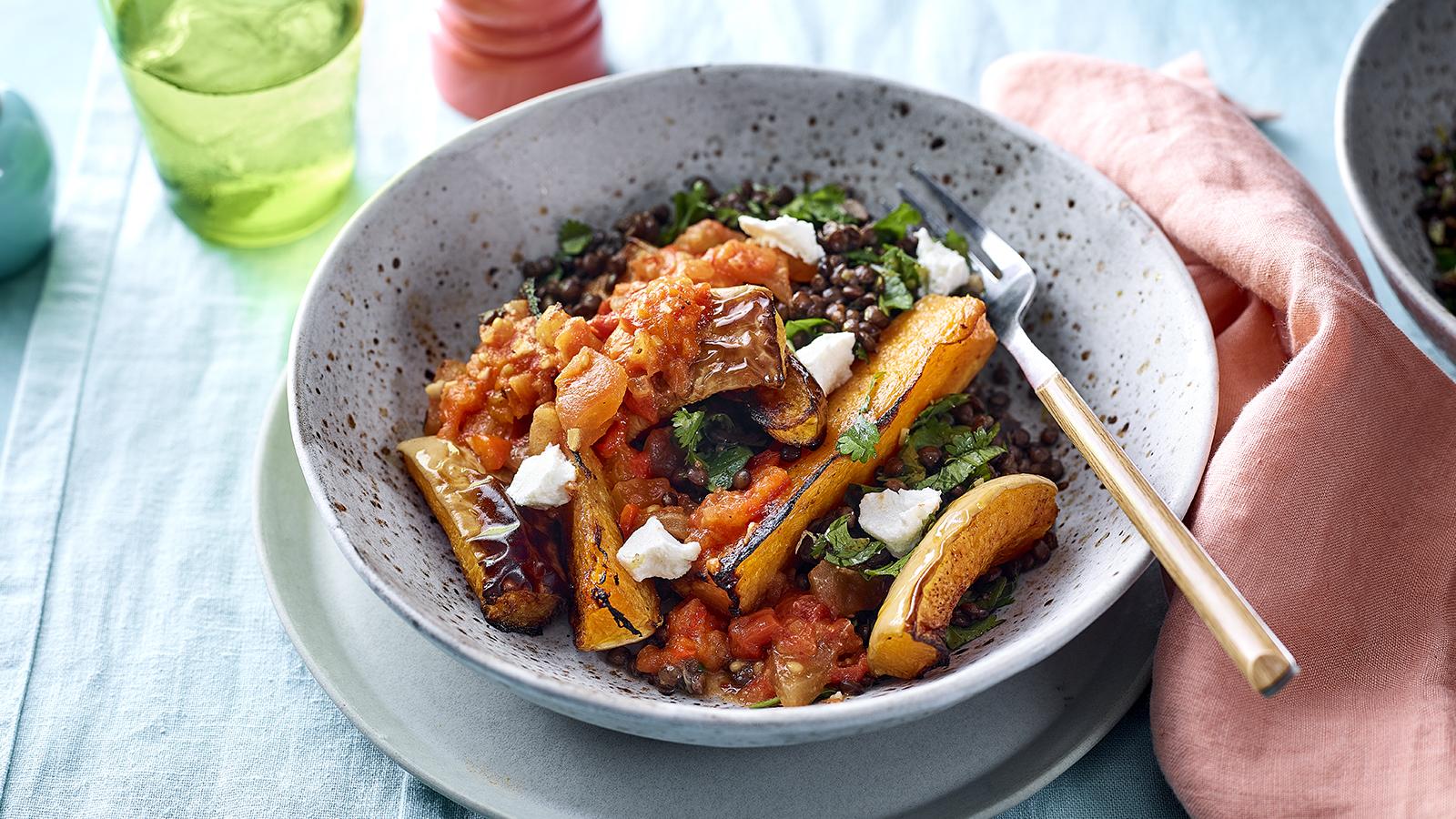 Roast squash with charred red pepper sauce