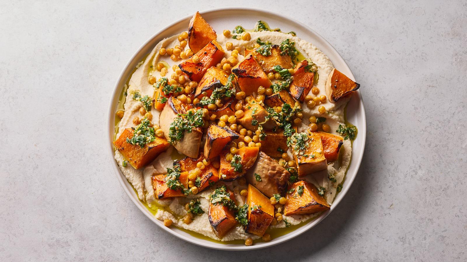 Roast squash with cauliflower purée, crispy chickpeas and gremolata
