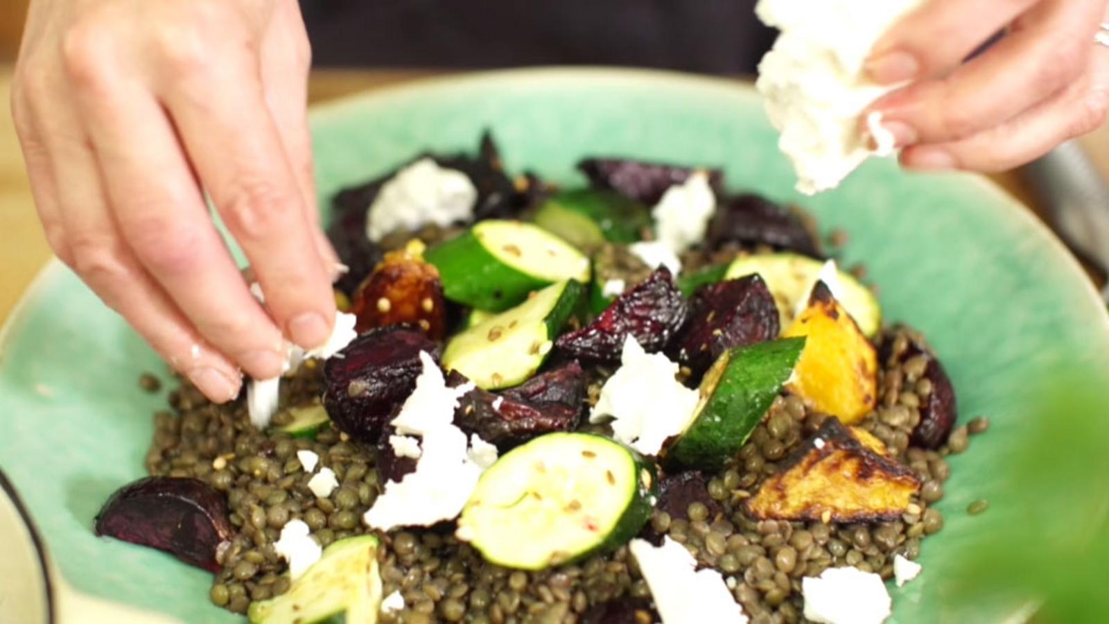 Roast vegetable and lentil salad