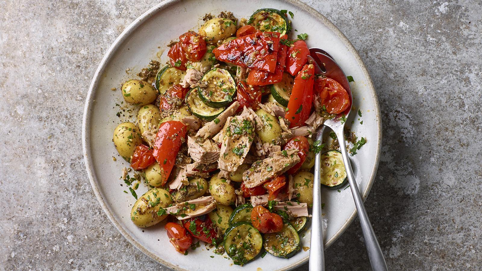 Roast vegetable and tuna warm potato salad