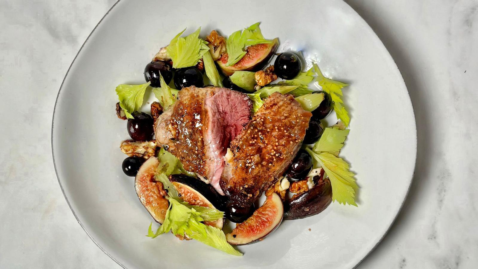 Roast wild duck breast with walnuts and celery