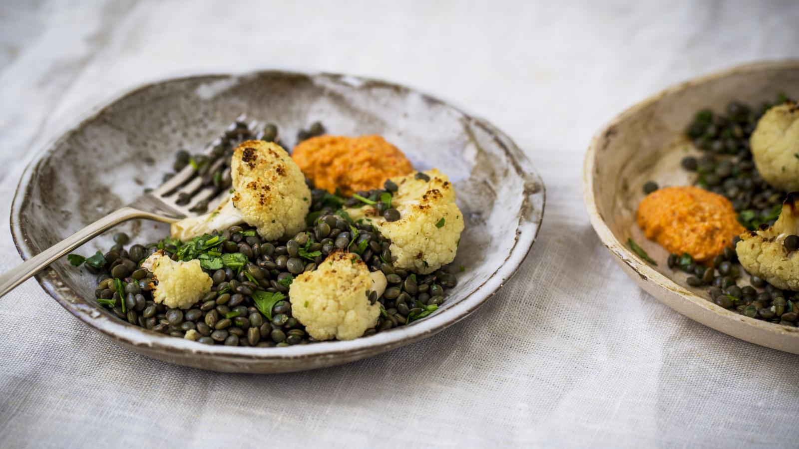 Roasted cauliflower and lentil salad with red pepper sauce recipe BBC