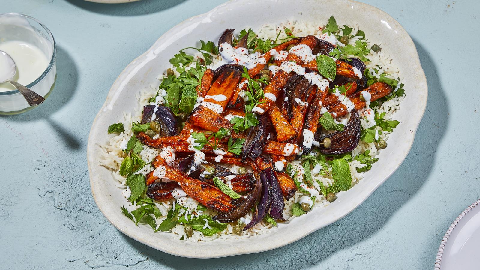 Roasted spiced carrots with herby rice