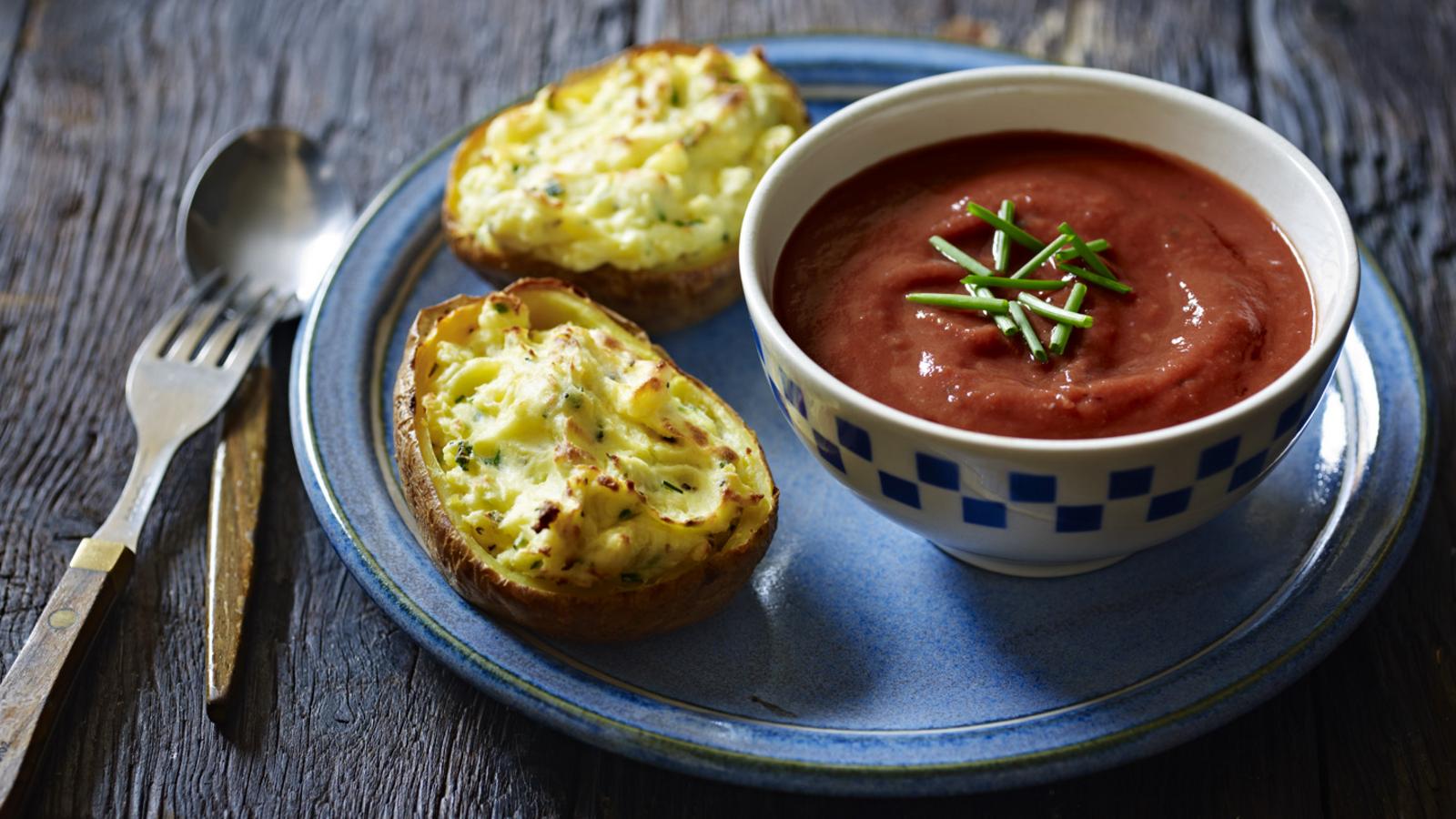 Roasted tomato soup with double-baked cheese potatoes