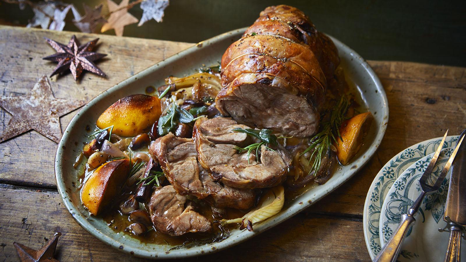 Rolled lamb shoulder with sherry, orange, cinnamon and chestnuts 