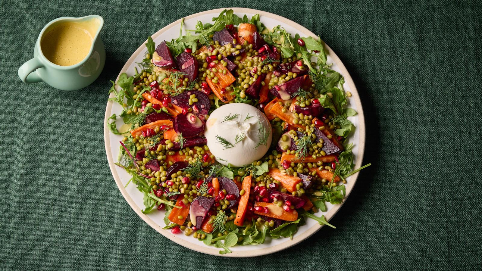 Ruby beetroot, mung bean and burrata salad
