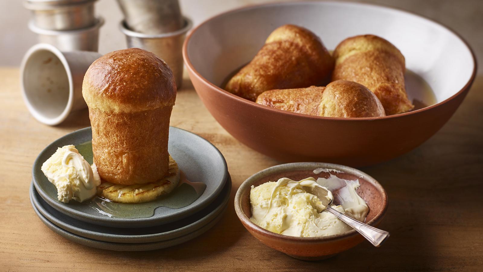 Rum babas with grilled pineapple