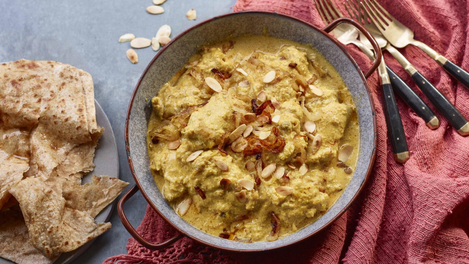 Saffron chicken korma with wholemeal paratha