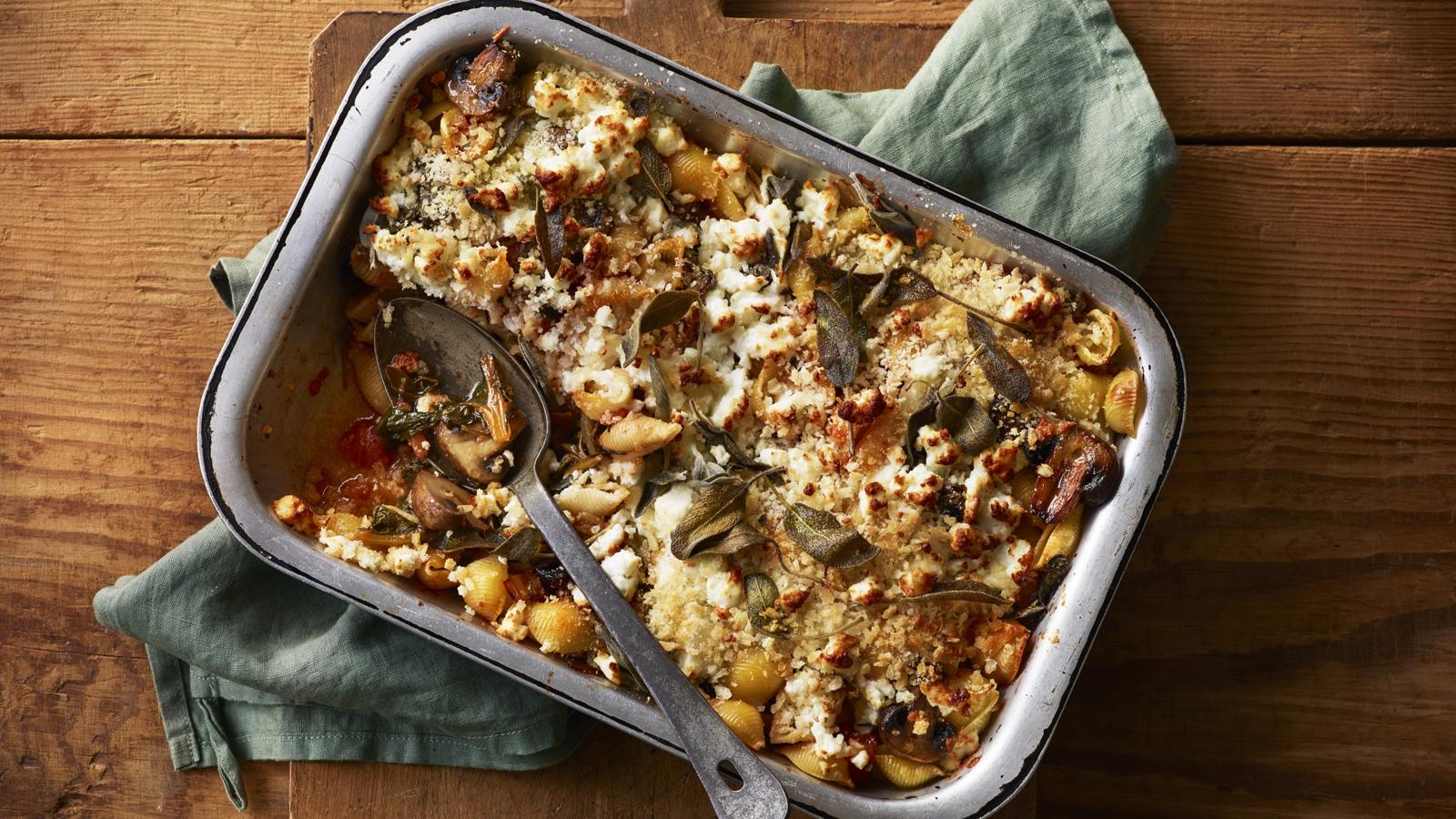 Sage-roasted mushroom and rainbow chard pasta bake