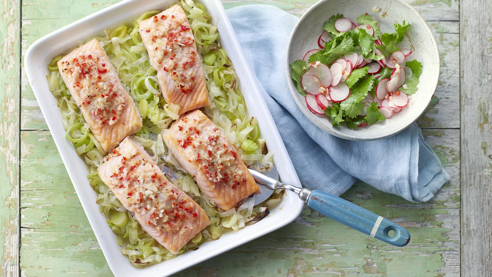 Salmon With Buttered Leeks And Yuzu Dressing Recipe - BBC Food