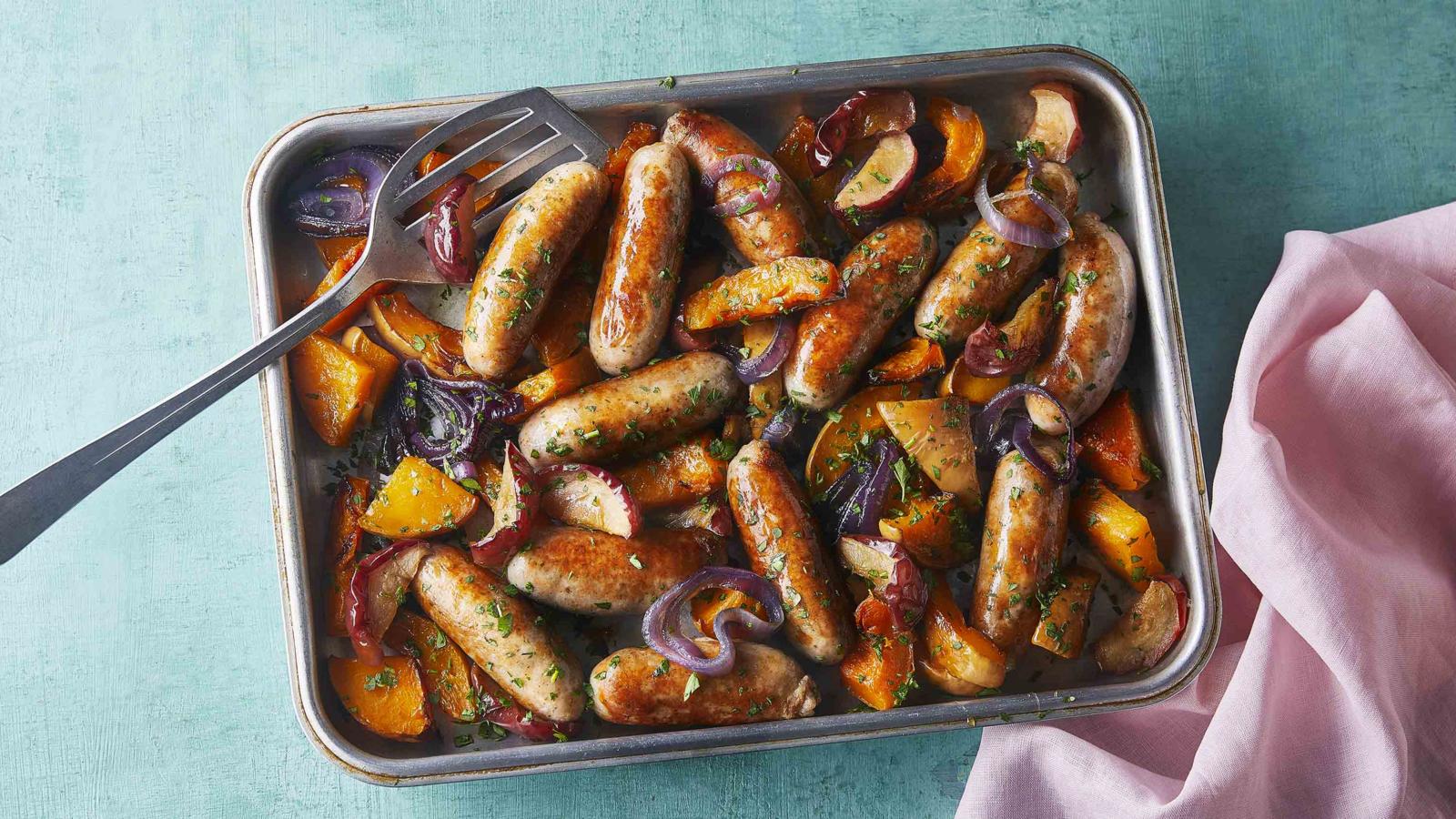 Sausage, squash and apple traybake