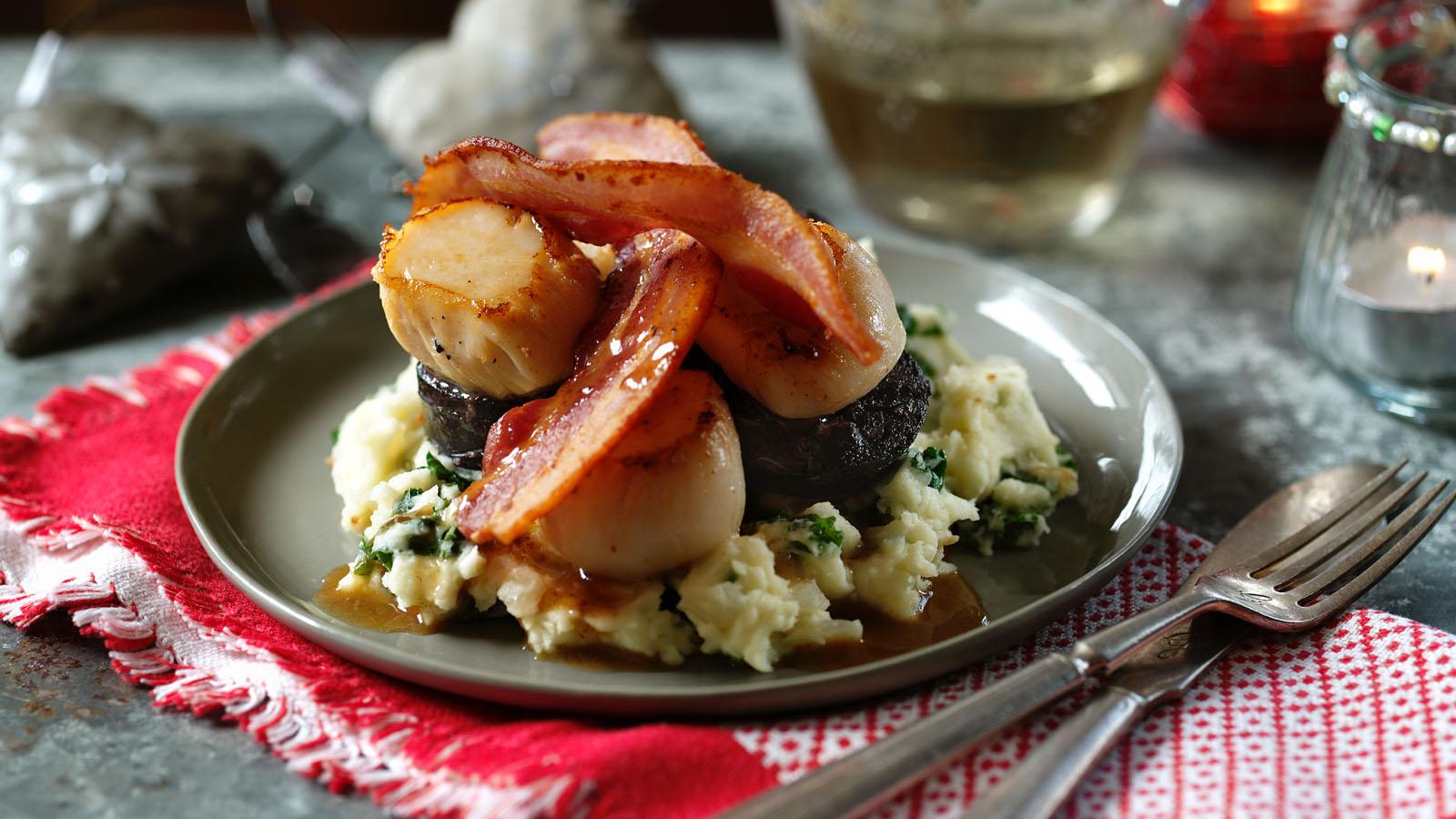 Scallops with bacon, black pudding and colcannon