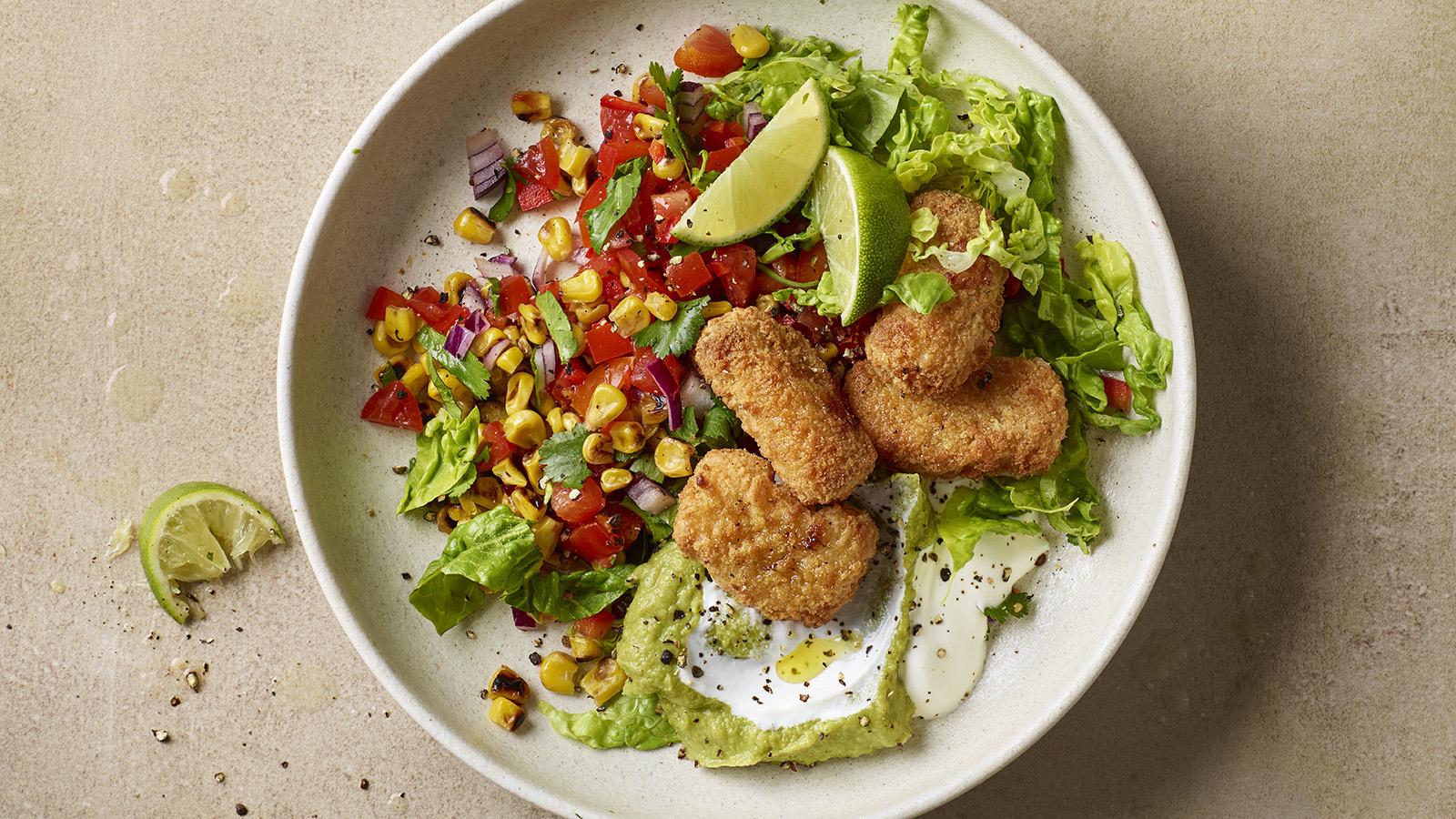 Scampi bowl with charred corn salsa 