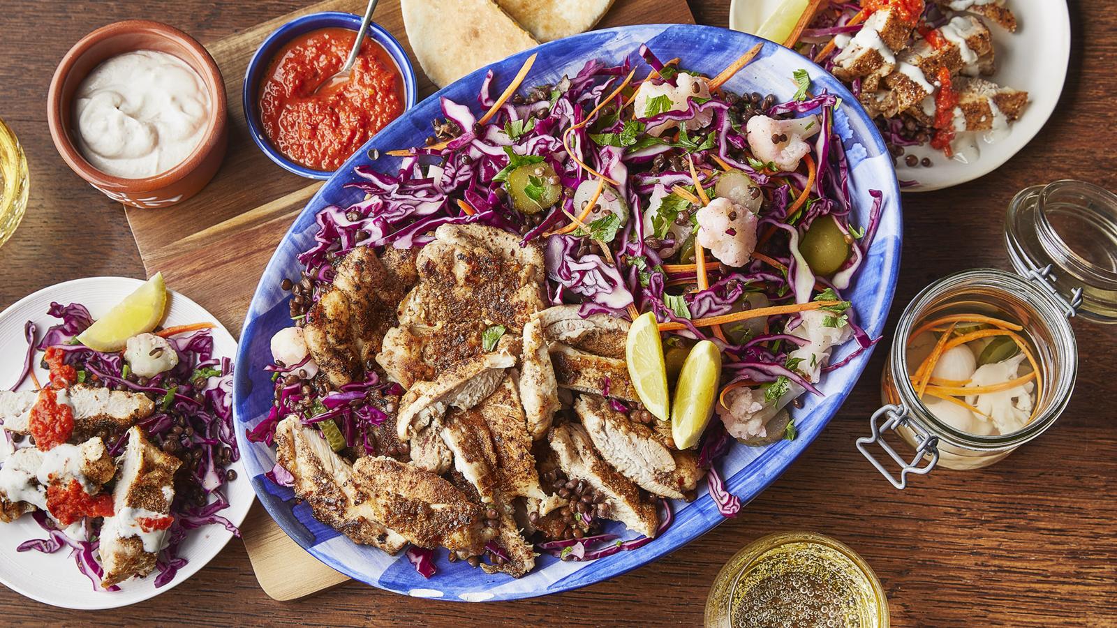 Frying pan chicken shawarma with lentil salad