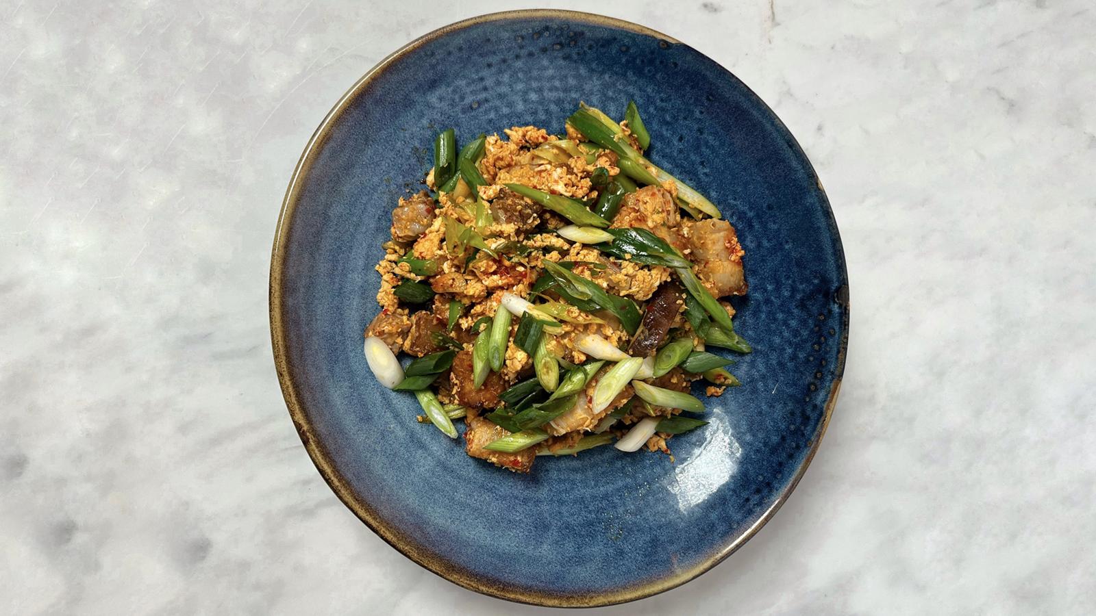 Singaporean pork belly and turnip cake stir fry