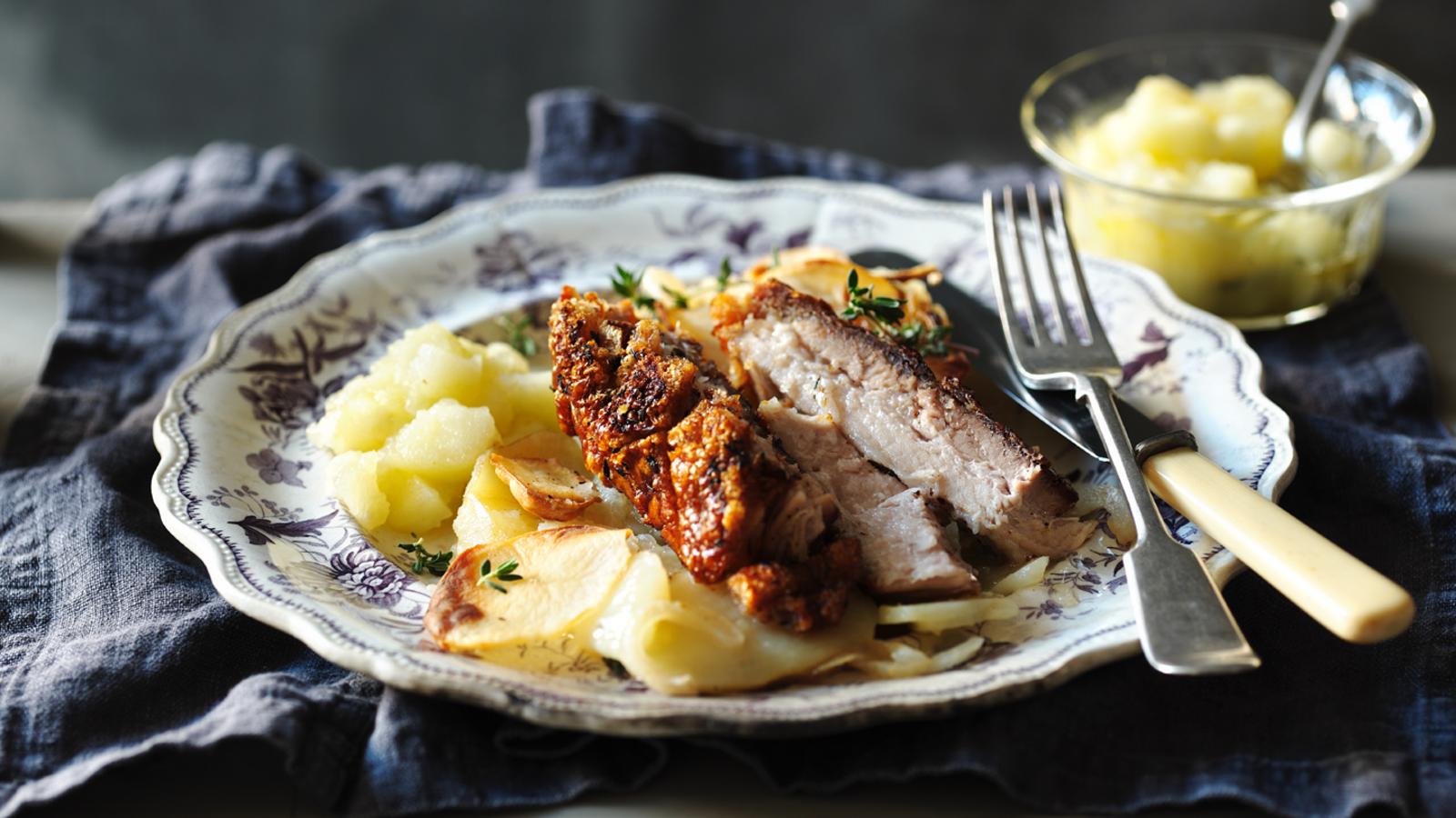 Slow-roasted pork belly with boulangère potatoes