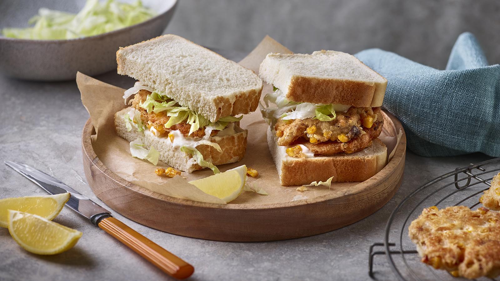 Smoked mackerel and sweetcorn fritter sandwich