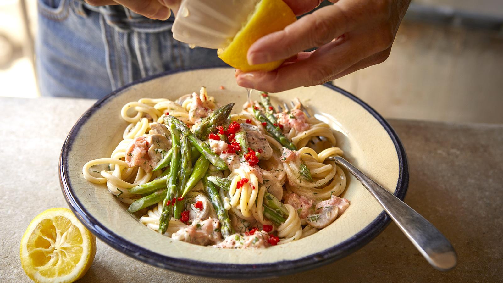 Smoked salmon, herb and asparagus spaghetti
