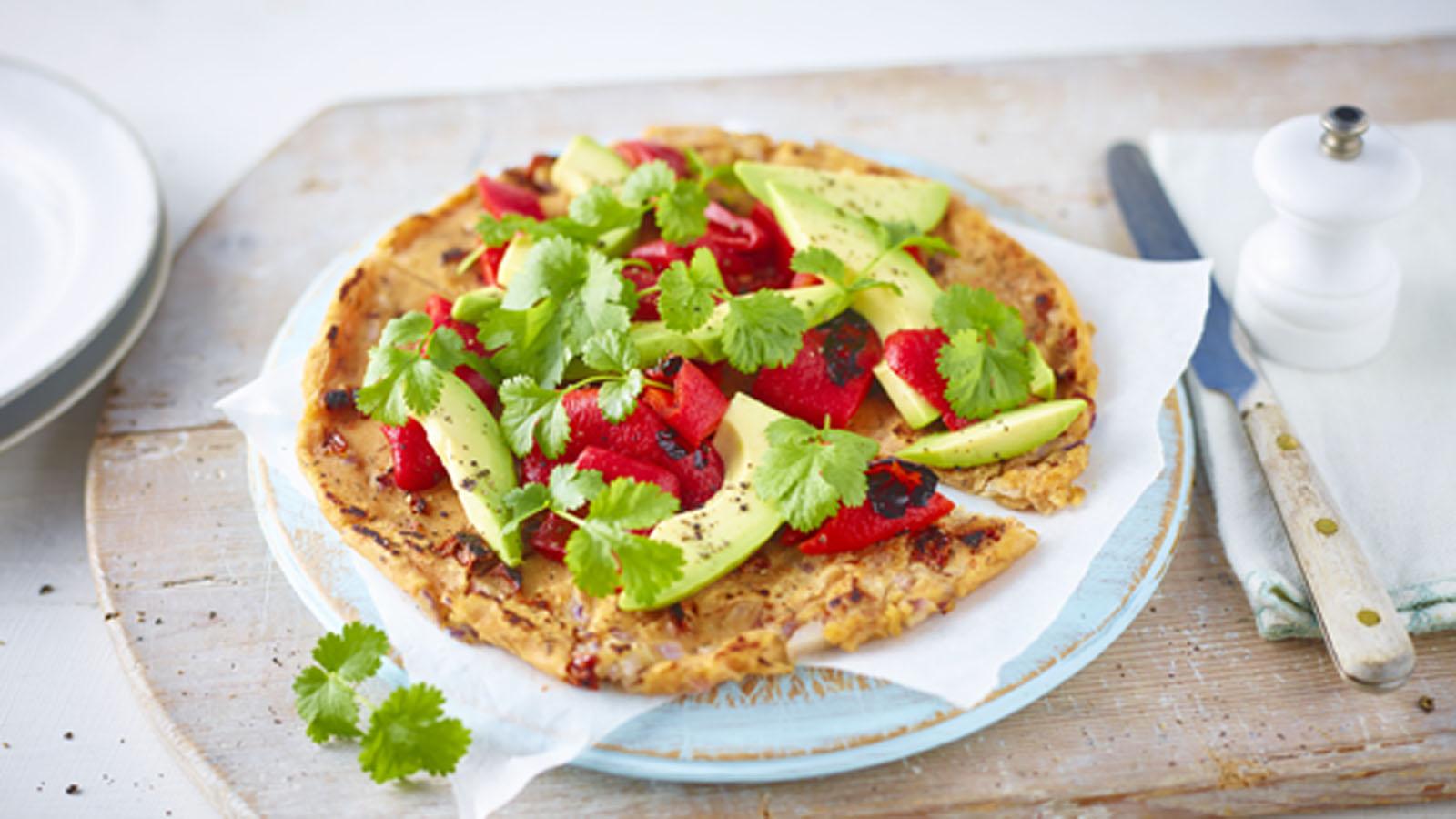 Socca pancakes with roasted peppers and avocado