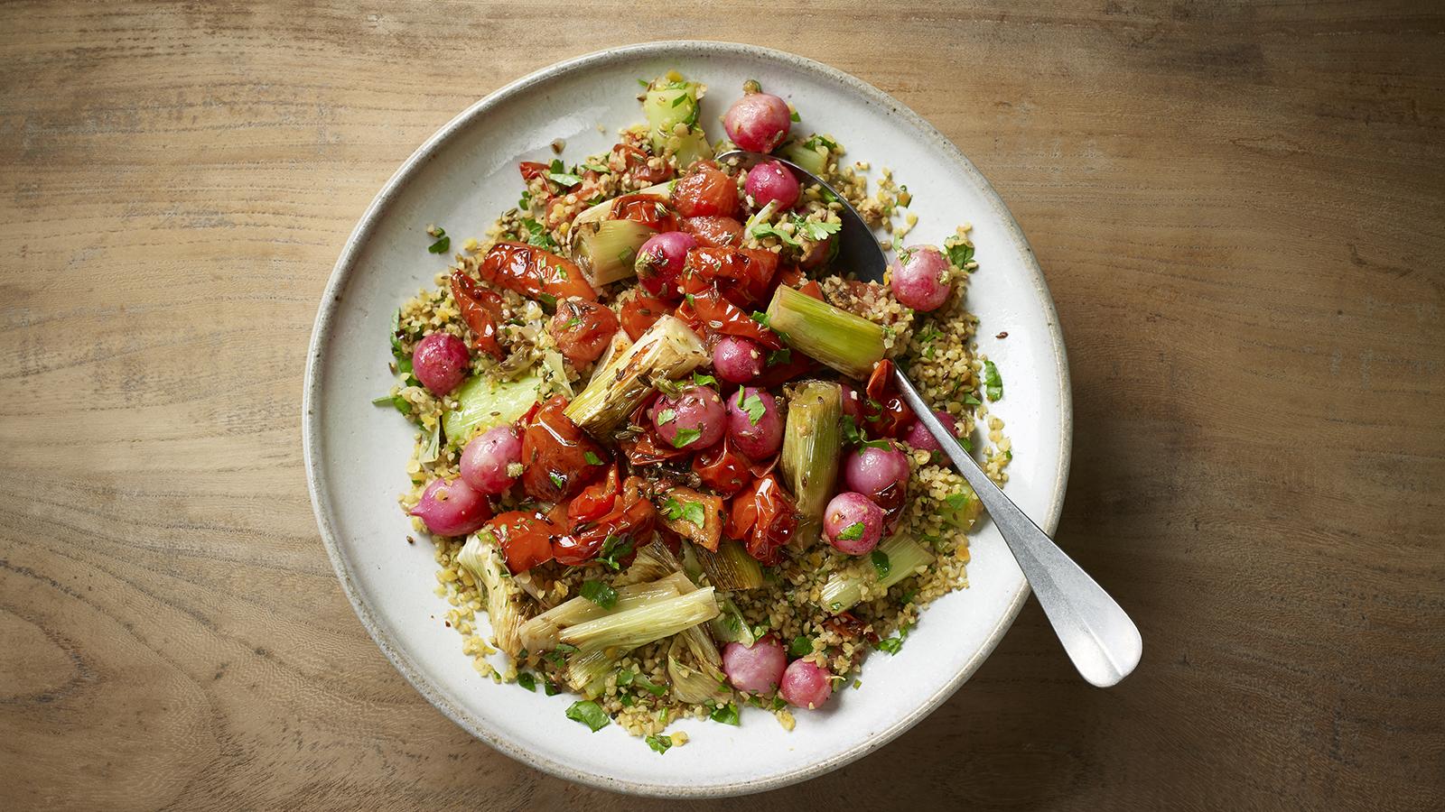 Spiced Bulgur Wheat With Roast Vegetables Recipe Bbc Food