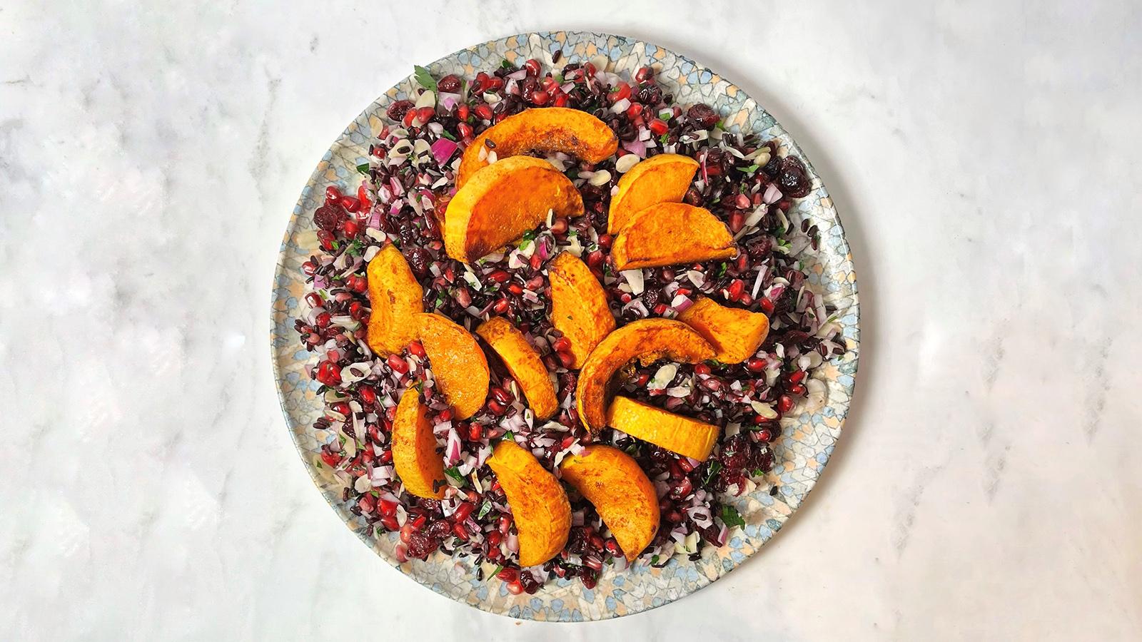 Spiced roasted butternut squash and black rice salad