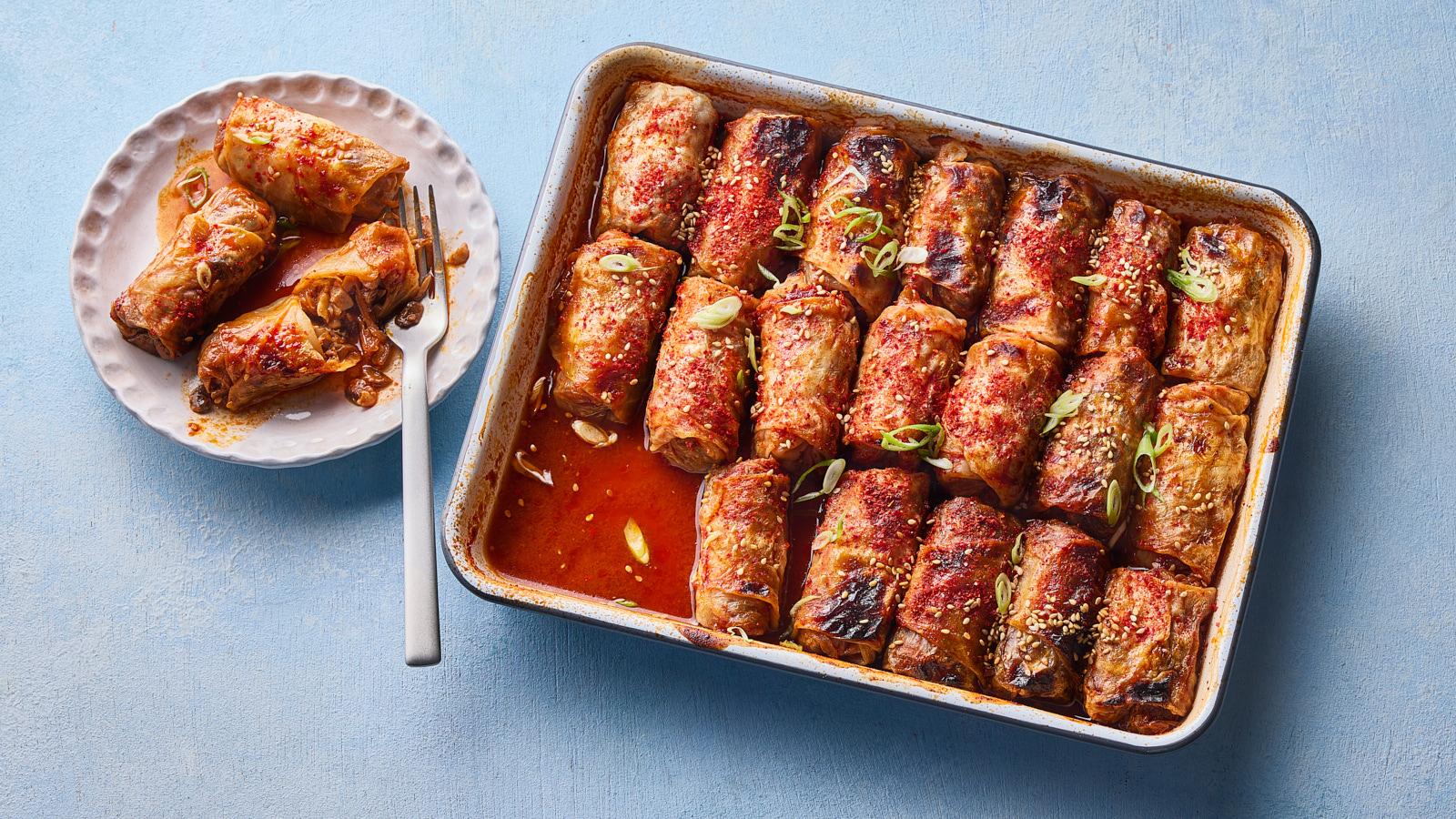 Spicy mushroom, walnut and caramelised onion cabbage rolls