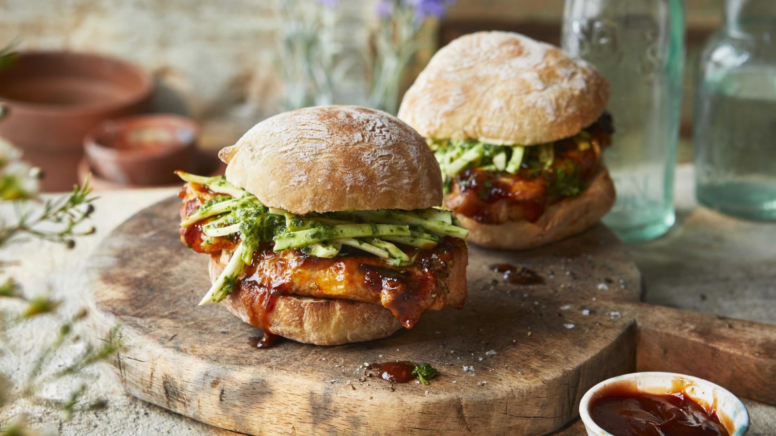 Sticky barbecue pork loin with apple chimichurri slaw