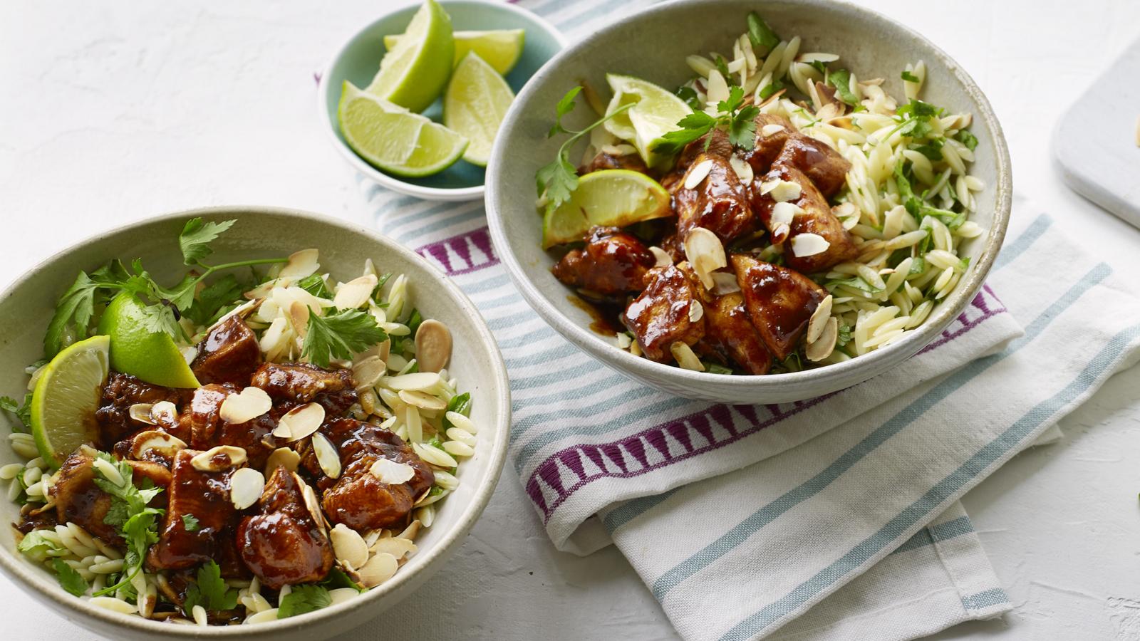 Sticky chicken curry with herby orzo 