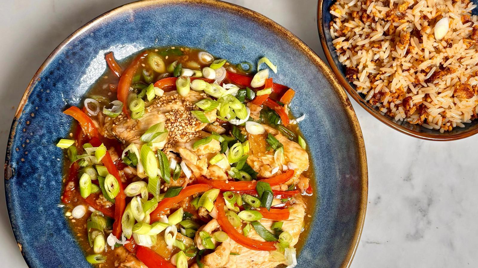 Sticky garlic and chilli chicken with egg fried rice